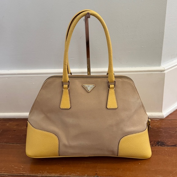 Authentic Prada Canada Dome Canvas and Yellow Leather Satchel Bag 2000's Italy - Picture 1 of 16